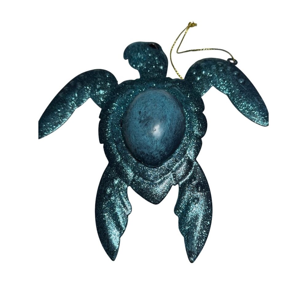Blue Glitter Sea Turtle Hanging Ornament Metal and Resin Dome Center